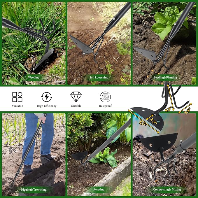 65'' Hoe and Cultivator Garden Tool - 2 in 1 Heavy Duty Garden Hoe for Weeding,Soil Loosening,Sharp Blade,Long Handle Claw 3-Tine Hand Tiller Rake for Gardening