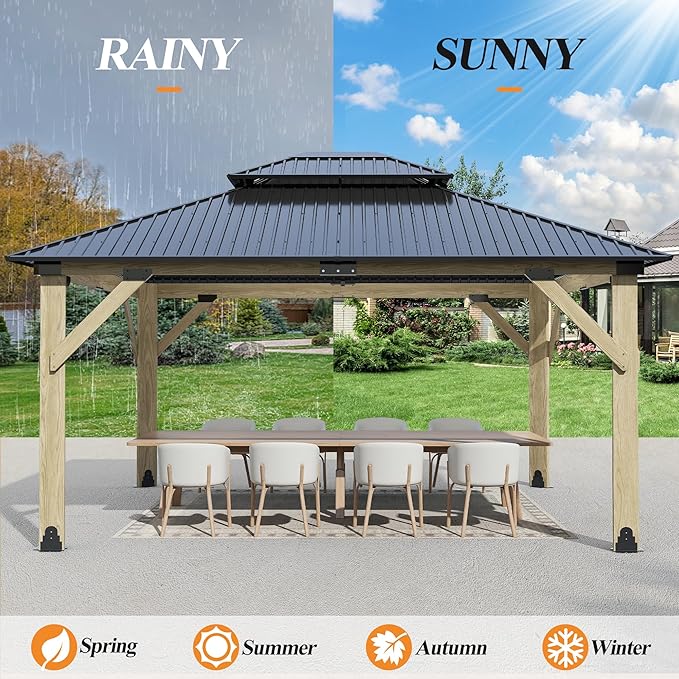 GARTOO 13’x15’ Outdoor Wooden Gazebo - Patio Galvanized Steel Wood Gazebo with Double Vented Roof, Heavy-Duty Gazebos for Garden, Lawn, Backyard Deck, Poolside
