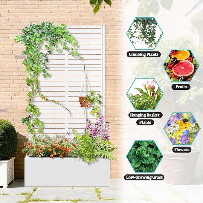 Metal Planter Box with Trellis, Planter Box with Privacy Screen, Privacy Trellis Outdoor for Climbing Plants with Drainage Holes, Raised Garden Bed for Vegetables