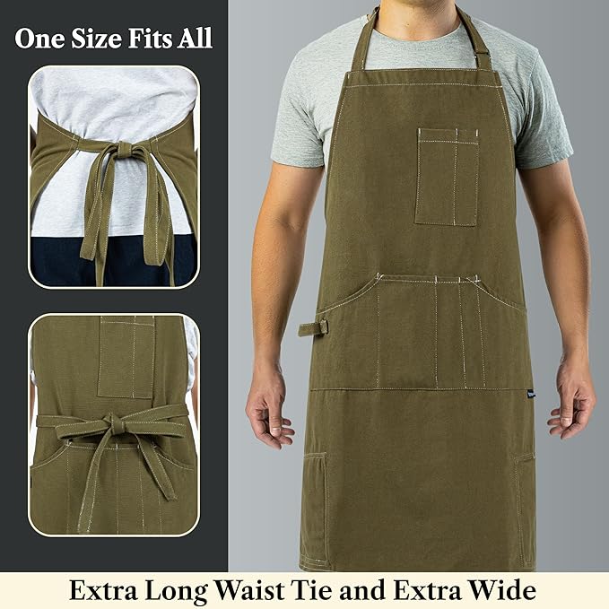 opux Chef Apron for Men, Kitchen Apron with Pockets for Women, Large Unisex Canvas Apron for Cooking Grilling BBQ Baking.
