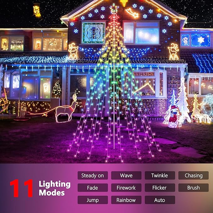 Lomotech RGB Color Changing Christmas Tree Lights - 10Ft 404 LED with 7.08" Topper, Remote Controll Waterproof Iron Pole Waterfall Holiday Tree Lights for Outdoor Christmas Decorations
