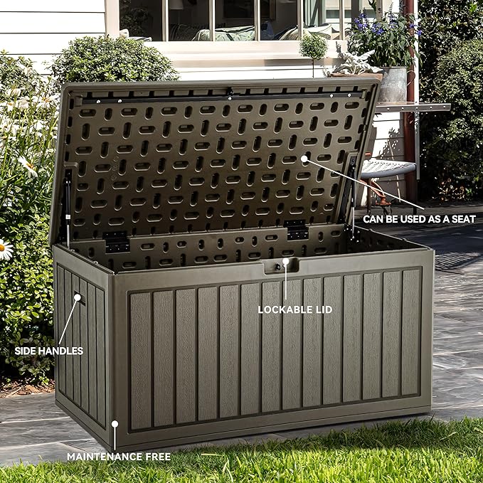YITAHOME 90 Gallon Double-Wall Deck Box with Side Handles, Outdoor Large Storage for Patio Furniture Cushions, Garden Pool Accessories, Water Resistant & Lockable