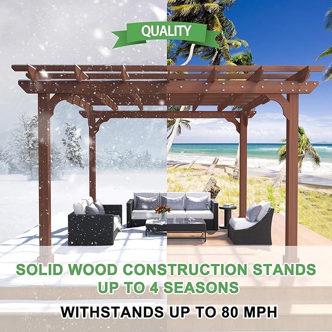 BlueWish 12'x12' Pergola with Solid Fir Wood Frame, Patio Wood Gazebo Backyard Gazebo Pergola Kits with Slatted Roof Trellis & Stakes for Deck Yard Grill Party Garden