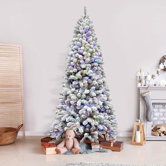 Fraser Hill Farm 9-Ft. Alaskan Pine Flocked Artificial Christmas Tree with Dual Multicolor & Warm White LED Lights and Stand, Prelit Foldable Fake Tree with Realistic Snowy Foliage for Home Decor