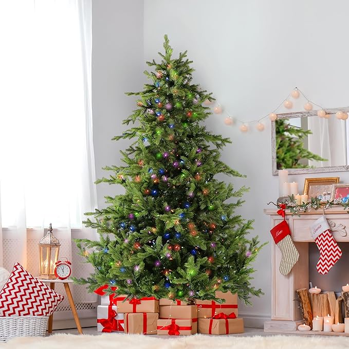 Fraser Hill Farm 7.5-ft. Woodside Pine Christmas Tree with Dual Multicolor & Warm White LED Lights, Fake Tree with Remote Control, Easy Set Up and Easy to Connect
