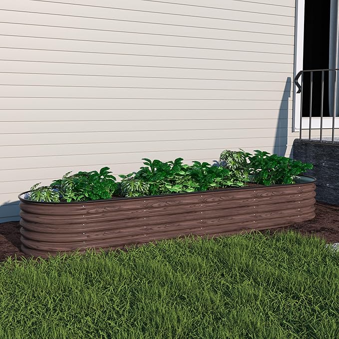 MUPATER 8x2FT Metal Galvanized Raised Garden Bed, 17''H Premium Wood Grain Raised Garden Bed Outdoor for Plants Flowers, 9-in-1 Galvanized Metal Planter Box, Rustic