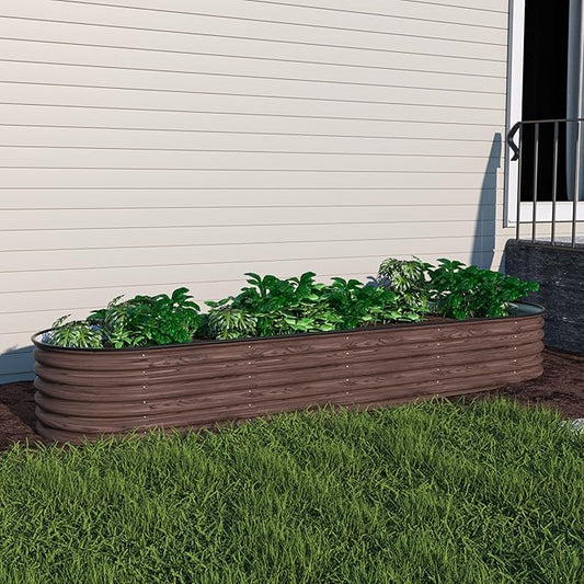 MUPATER 8x2FT Metal Galvanized Raised Garden Bed, 17''H Premium Wood Grain Raised Garden Bed Outdoor for Plants Flowers, 9-in-1 Galvanized Metal Planter Box, Rustic