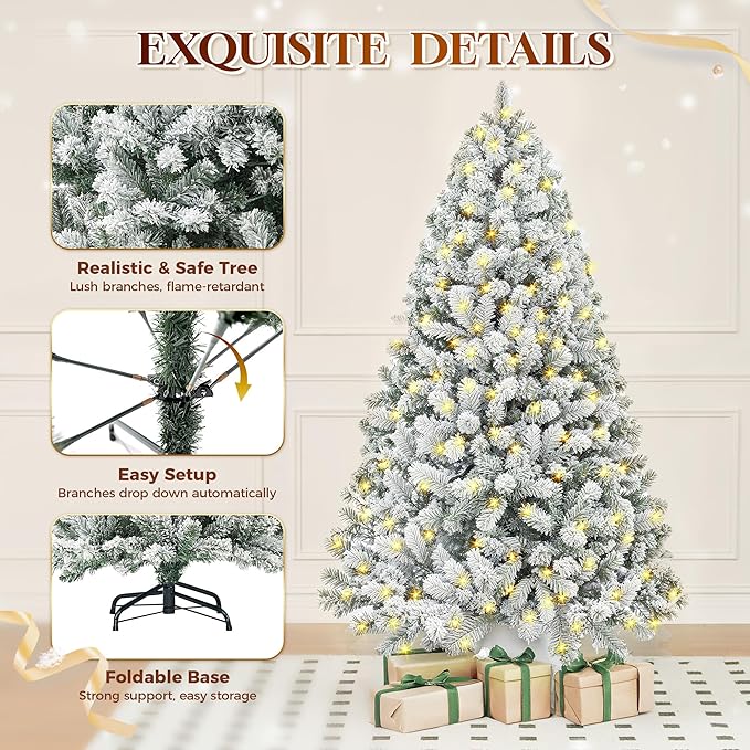 HOLLO STAR 6 ft Flocked Prelit Christmas Tree with 350 LED Lights, App Control, Artificial Christmas Tree, Multi-Color RGBW Lights, 947 Branch Tips, Snow Xmas Tree, for Home, Party