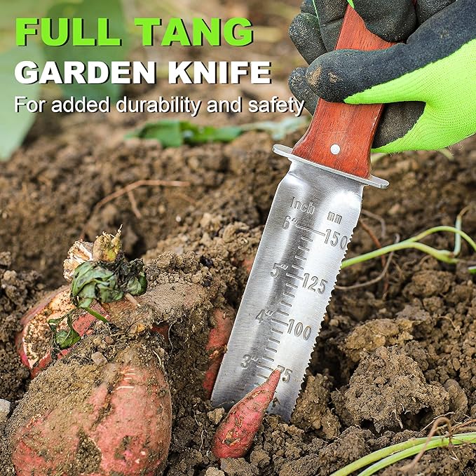 Topline Hori Hori Garden Knife, Double-edge Stainless Steel Blade, Garden Knife with Leather Sheath for Digging, Weeding, Planting, Sharpener, Sharpening Stone Included