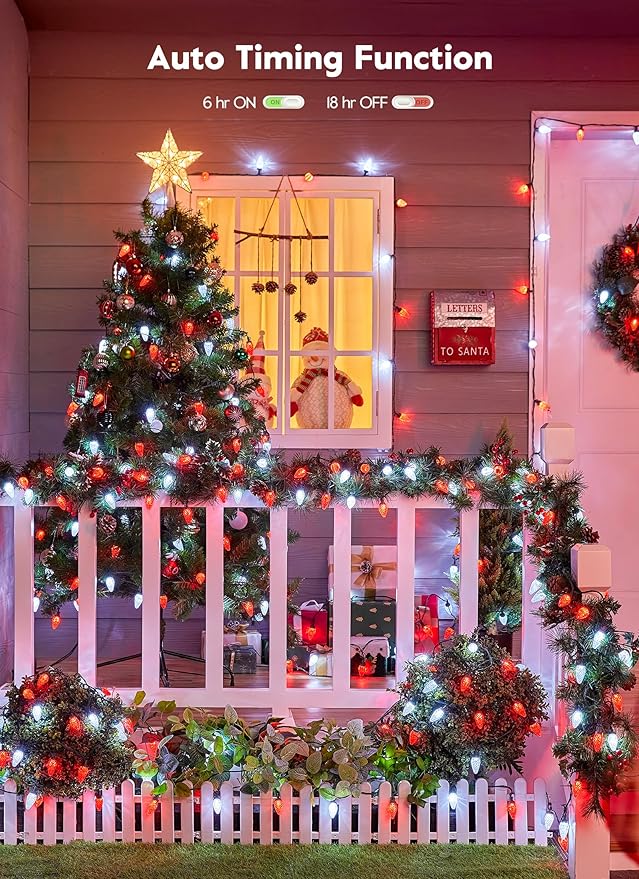 Brightown C9 Christmas Lights Outdoor, 114FT 150 LED Red and Pure White String Lights with Timer, 8 Modes, UL Listed Waterproof Connectable Christmas Tree Lights for House, Roof, Garden, Patio Decor