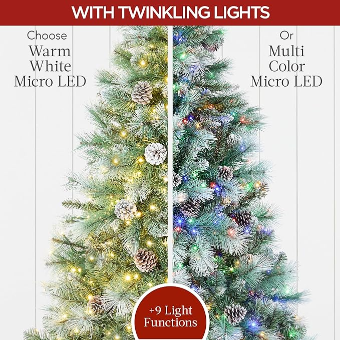 Best Choice Products Full Scotch Pine Christmas Tree, 9ft Pre-Lit Frosted Holiday Decor w/ 2,000 Twinkling Micro LED Lights, 2-in-1 White & Multicolor