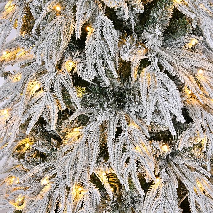 7ft Slim Flocked Christmas Tree, Pre-lit Christmas Tree with 767 Premium PE&PVC Tips, 250 Warm White LED Lights, Skinny Noble Artificial Xmas Trees for Home, Corner, Narrow Place Holiday Decoration