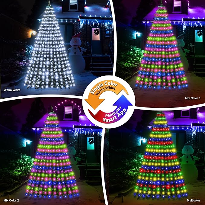 30+ Modes Ring Christmas Tree Lights Indoor Outdoor - 7.5Ft x 12 Lines 336 LED Easy App Control Color Changing Timer Remote Waterproof for 6 7 Ft Xmas Trees (Cool White to Multicolor)