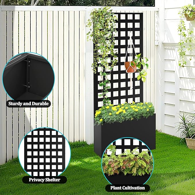Metal Planter Box with Trellis, Planter Box with Privacy Screen, Privacy Trellis Outdoor for Climbing Plants with Drainage Holes, Raised Garden Bed for Vegetables