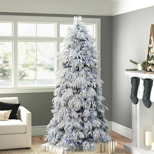 LuxenHome 7FT Flocked Artificial Christmas Tree, Downswept Branches Prelit Christmas Tree Flocked with Feather Accents, Pinecone and 350 LED Lights, 2516 PE+PVC Tips, Xmas Tree Holiday Decor