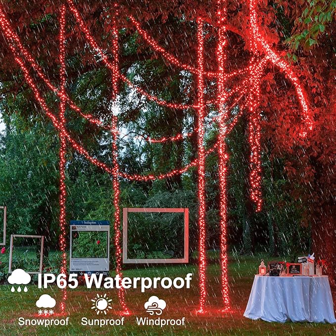 100FT 300 LED Christmas Lights Outdoor, Plug in Christmas Tree Lights with 8 Modes Waterproof, Plug in Green Wire String Twinkle Lights for Indoor Patio Wedding Party Decorations, Red
