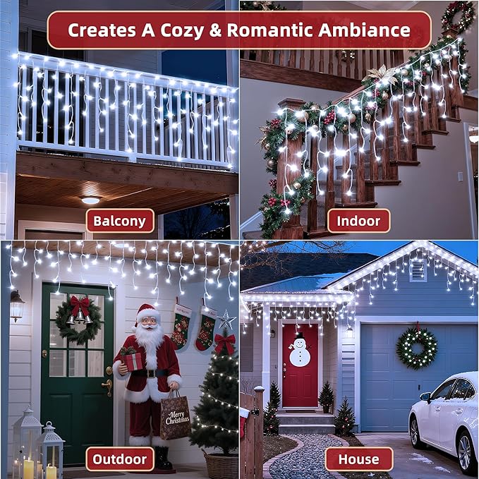 504 LED Christmas Lights Outdoor 50FT with 112 Drops, Christmas Decorations Hanging Lights 12 Modes, Dimmable Outsite Fairy String Lights for Wedding Party Holiday Winter Wonderland Decor Cool White