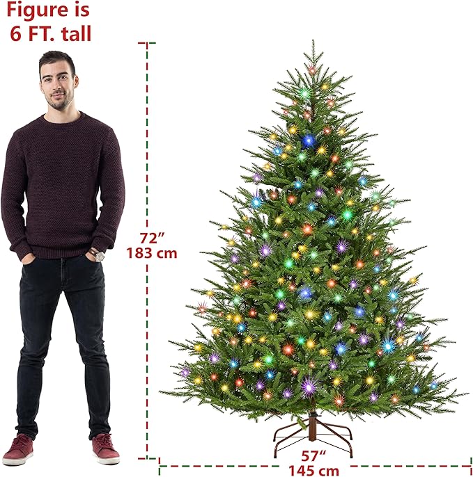 Yaheetech 6ft Full Christmas Tree with 550 Multicolored LED Lights & 1207 Unique Forked Tips,Hinged Tree for Garden,Office,Pre-lit Artificial Christmas Tree with Foldable Metal Stand,Green