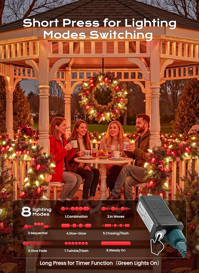 C9 Christmas Lights Outdoor, 66 FT 100 LED Connectable C9 String Lights with 8 Modes and Timer Xmas Tree Patio Roofline Garden Yard Holiday Party Indoor Outdoor Decoration, Red and Warm White