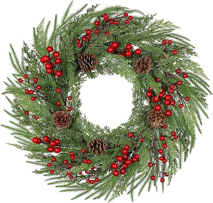 23 inch Norfolk Pine Wreath, Christmas Wreath for Front Door Christmas Door Wreaths with Red Berries Pine Cones Cedar Leaves Artificial Wreaths for Xmas Indoor Outdoor Decorations