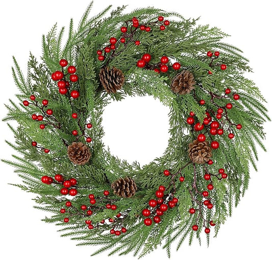 23 inch Norfolk Pine Wreath, Christmas Wreath for Front Door Christmas Door Wreaths with Red Berries Pine Cones Cedar Leaves Artificial Wreaths for Xmas Indoor Outdoor Decorations