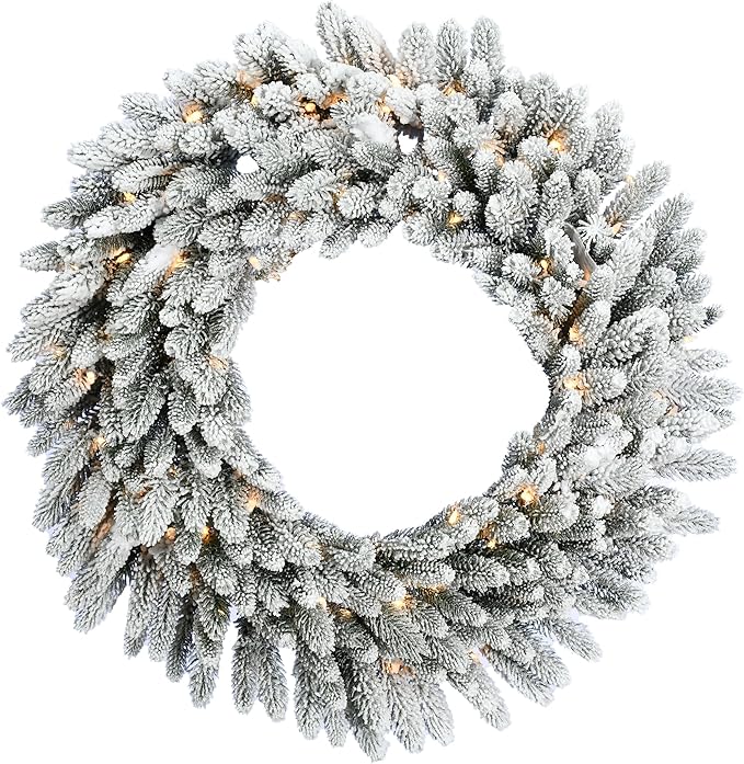 Fraser Hill Farm 36-in. ICY Frost Snow Flocked Wreath with Warm White LED Lights, Battery Operated Door Hanging Wreath, Festive Christmas Holiday Decorations for Front Door, Porch, and Entryway
