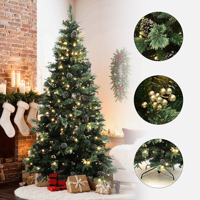 LuxenHome 7.5FT Prelit Christmas Tree with Lights, Slim Artificial Christmas Tree with 350 LED Lights and Pine Cone, 1247 PE+PVC Branch Tips, Plug-in Prelit Pine Tree Indoor, Outdoor Holiday Décor