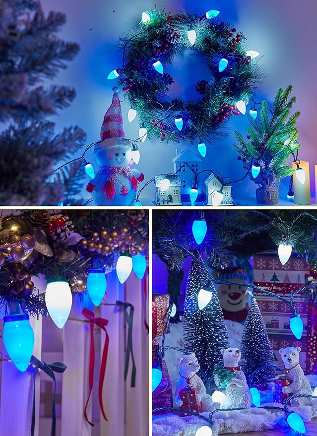 C9 Christmas Lights Outdoor Waterproof, 81 Feet 100 LED C9 String Lights with Timer & 8 Light Mode, Connectable Christmas Tree Lights for Indoor Outside Roofline Patio Decoration, Blue & Pure White