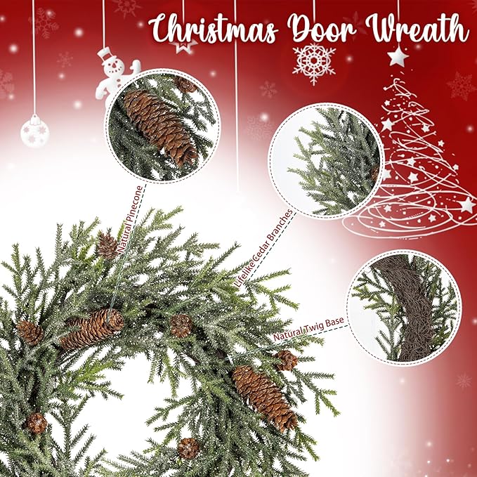 18 inch Christmas Wreath, Small Christmas Wreath for Front Door Christmas Door Wreaths Norfolk Pine Wreath with Frosted Pine Cones Cedar Aritificial Wreath for Christmas Indoor Outdoor Decorations