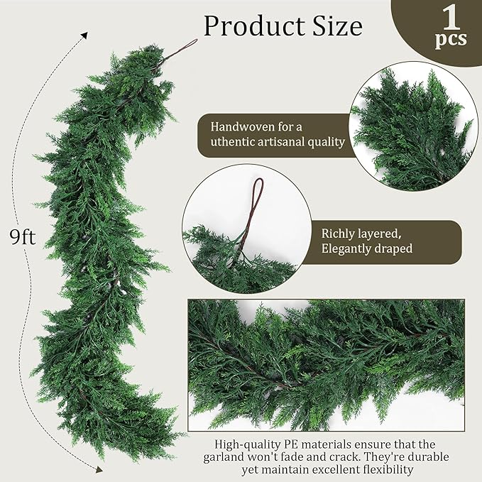 Hananona 9 FT Artificial Cedar Garlands, Real Touch Winter Cedar Garland, Green Artificial Greenery Pine Garland for Table, Mantle, Wall, Indoor, Outdoor Christmas Decorations (1, 9 FT)
