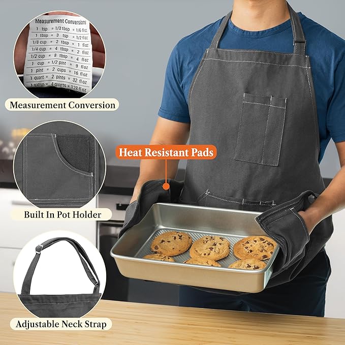 opux Chef Apron for Men, Kitchen Apron with Pockets for Women, Large Unisex Canvas Apron for Cooking Grilling BBQ Baking.