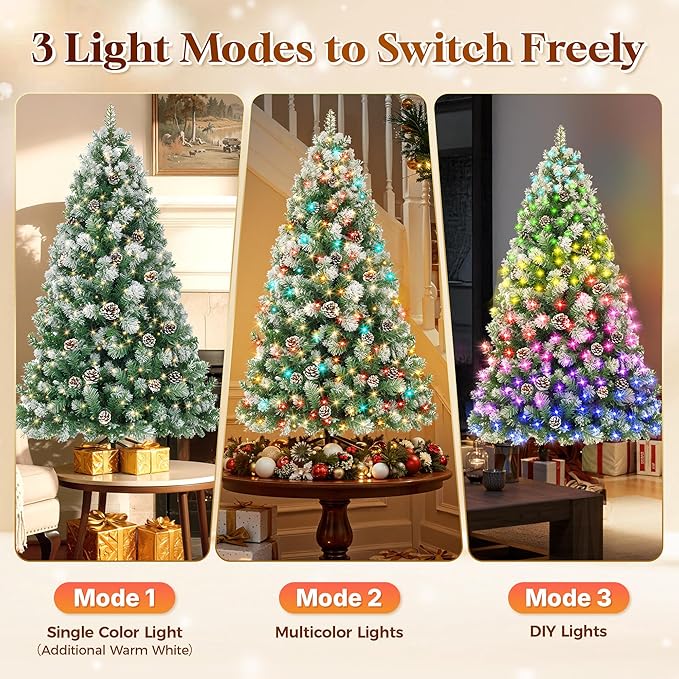 HOLLO STAR 4.5 ft Prelit Christmas Tree with 150 LED Lights, App Control, Artificial Christmas Tree, Multi-Color RGBW Lights, 330 Flocked Frosted Tips, 28 Pine Cones, Metal Base, for Home, Party