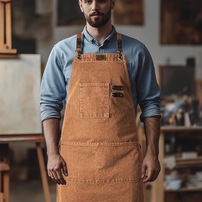 LEATHER VILLAGE Chef Aprons for Men Women with Large Pockets, Cotton Canvas Cross Back Adjustable Work Apron, Size M to XXL