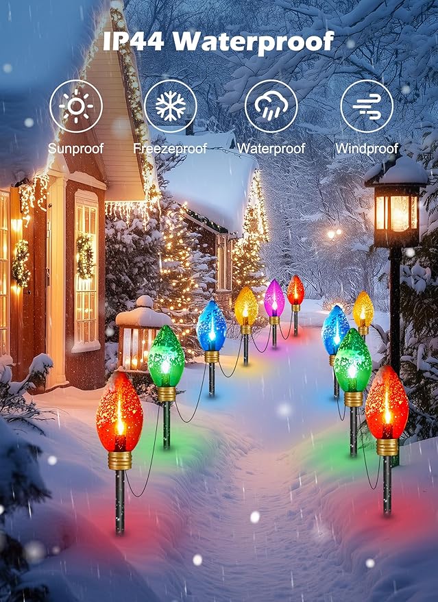 Minetom 2 Pack Super Jumbo Christmas String Lights or Pathway Marker Lights, Outdoor Xmas Decorations, 11Ft 5 LED Jumbo C9 Hanging Light Waterproof Lawn Dec for Holiday Home Tree Roof Yard, Multicolor