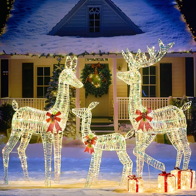 JOIEDOMI 3 Pcs Christmas Iridescent Reindeer Family Set Yard Light Decorations, 360 LED Warm White Lights with Metal Stakes for Indoor Outdoor Garden Holiday Décor, Christmas Eve Night Décor