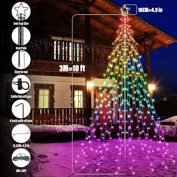 Lomotech RGB Color Changing Christmas Tree Lights - 10Ft 404 LED with 7.08" Topper, Remote Controll Waterproof Iron Pole Waterfall Holiday Tree Lights for Outdoor Christmas Decorations
