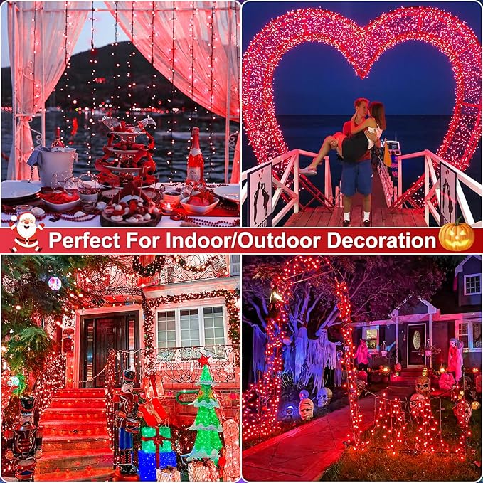 2 Pack Christmas Lights Outdoor, Total 200FT 600LED Christmas String Lights with 8 Modes Waterproof, Green Wire Twinkle Tree Lights for Indoor Room Patio Yard Xmas Party Decorations, Red