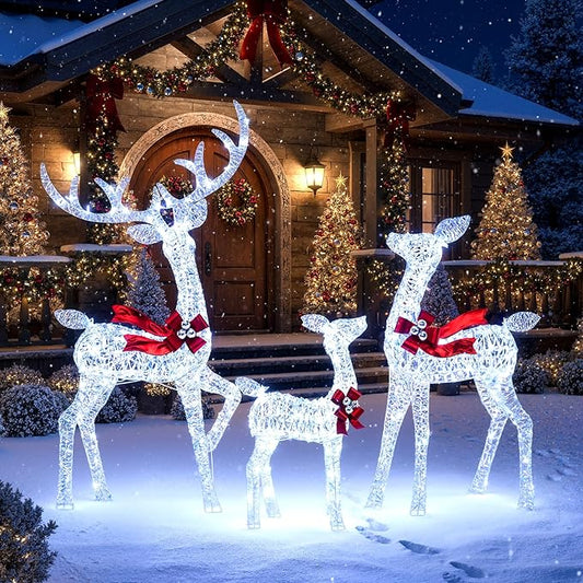 Tangkula 3-Piece Christmas Lighted Iridescent Reindeer Family Set, Pre-lit Xmas Deer Family with 215 Cold White LED Lights, Ground Stakes, Lighted Holiday Decoration for Indoor, Outdoor