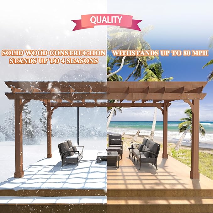 BlueWish 12’x16’ Patio Pergola, Cedar Wood Pergola with Unparalleled Slatted Roof Trellis, Outdoor Pergolas Backyard Gazebo with Solid Structure for Deck Grill Party Garden