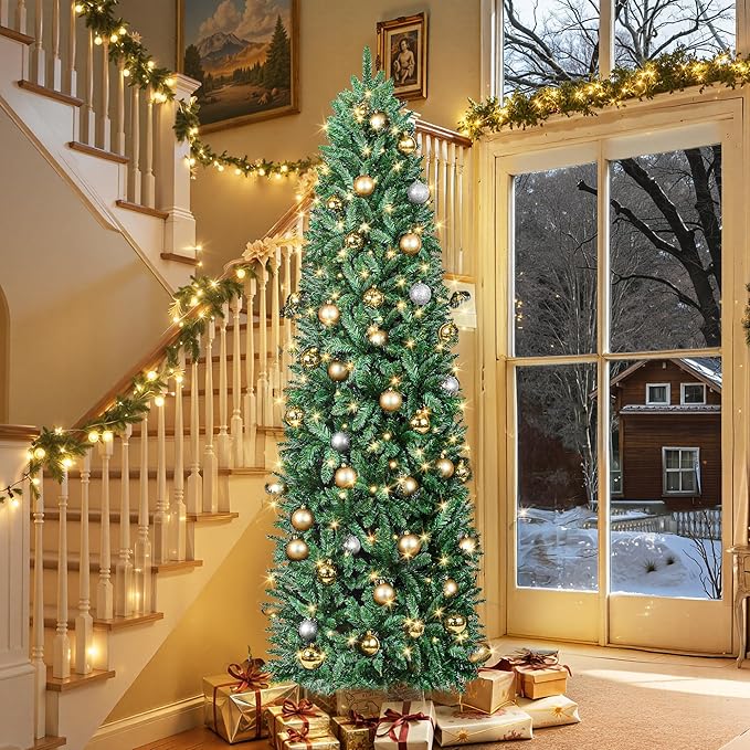 HOLLO STAR 7.5 ft Prelit Christmas Tree with 351 LED Lights, App Control, Artificial Pencil Christmas Tree with Multi-Color RGBW Lights, 1053 Branch Tips, Skinny, Metal Base, for Home, Party