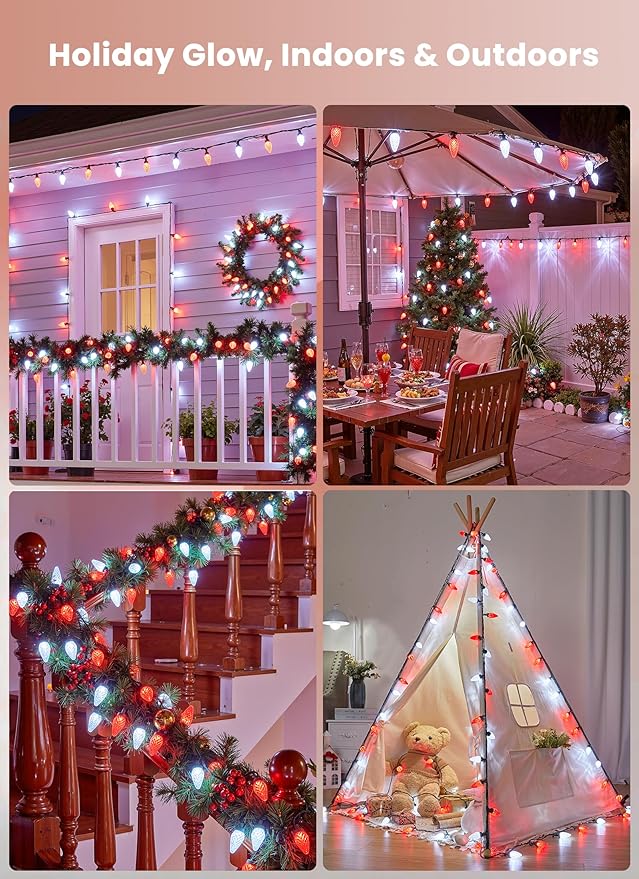 C9 LED Christmas Lights Outdoor, 81 Feet 100 LED String With Timer & 8 Light Mode, Waterproof Commercial Grade Christmas Tree for Outside Indoor Roofline Patio, Red & Pure White 2 Pack