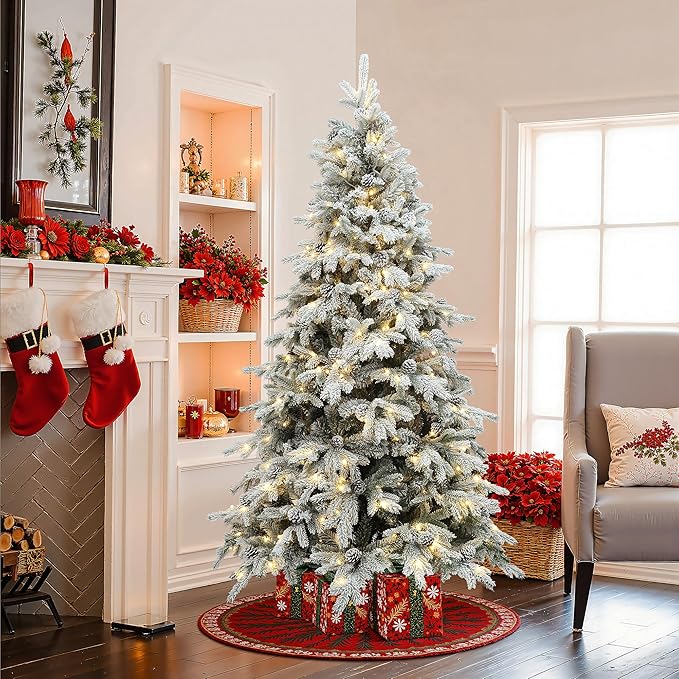 LuxenHome 6FT Christmas Tree with Lights, Full Flocked Artificial Christmas Tree with Pine Cone, 280 LED Lights, and Snow Flocked Branches, Prelit Pine Tree for Indoor, Outdoor Holiday Décor