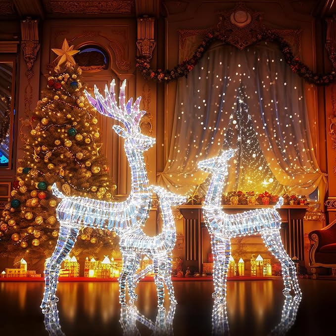AWQM 3-Piece Lighted Christmas Reindeer, Christmas Deer Family Set, 50+80+100 LED Lights, Indoor or Outdoor Christmas Holiday Decoration for Yards Garden Lawn Patio Light Up Display, Iridescent