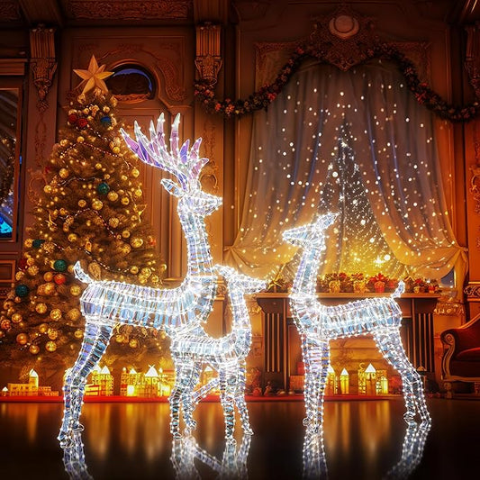 AWQM 3-Piece Lighted Christmas Reindeer, Christmas Deer Family Set, 50+80+100 LED Lights, Indoor or Outdoor Christmas Holiday Decoration for Yards Garden Lawn Patio Light Up Display, Iridescent