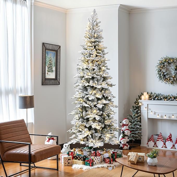 LuxenHome 7.5FT Flocked Christmas Tree, Slim Pencil Christmas Tree Pre-lit with 350 Warm White LED Lights, Lighted Artificial Christmas Trees with Stand for Indoor, Outdoor Holiday Decorations