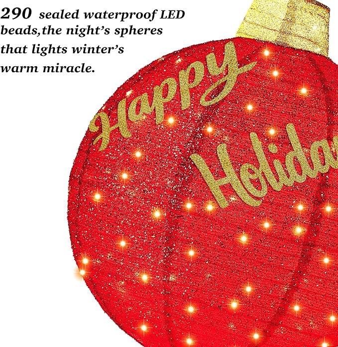 3Pcs 3FT Lighted Christmas Ornament Set Expandable Outdoor, Indoor Holiday Decor with 290 LED Lights, Easy Assembly & Weatherproof, Red & Green & Gold Light-Up Ball for Yard, Garden, Storefront.