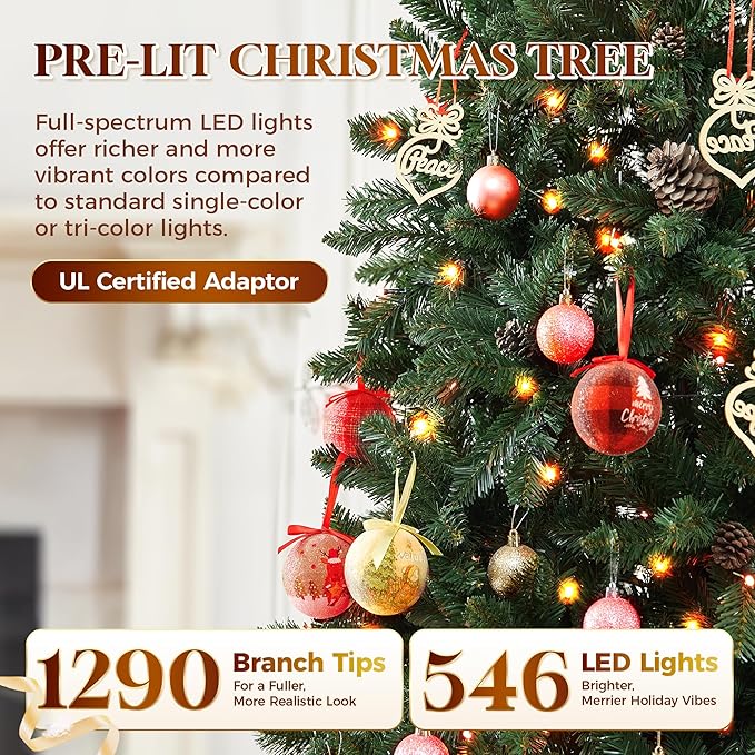 HOLLO STAR 9 ft Prelit Christmas Tree with 546 LED Lights, App Control, Artificial Pencil Christmas Tree with Multi-Color RGBW Lights, 1290 Branch Tips, Skinny Xmas Tree, Metal Base, for Home, Party