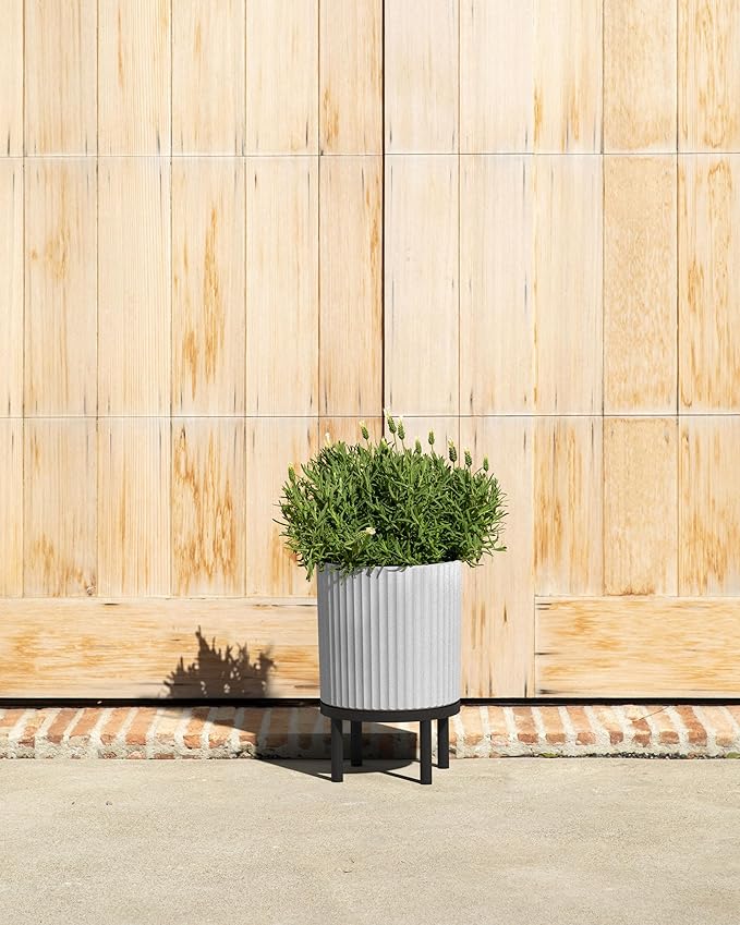 Veradek Demi Series Round Planter w/ Stand for Porch/Patio | Durable Plastic-Concrete & Wooden Stand | Modern Décor for Tall Plants, Flowers
