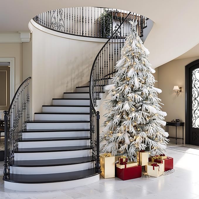 LuxenHome 7.5FT Flocked Artificial Christmas Tree, Downswept Branches Spruce Prelit Christmas Trees with 350 Warm White LED Lights and Feather Accents, 3514 PE+PVC Tips, Xmas Tree Holiday Decor