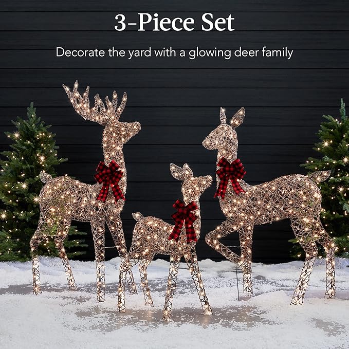 Best Choice Products 3-Piece Large Lighted Christmas Deer Family Set 5Ft Outdoor Yard Decoration with 360 LED Lights, Stakes, Zip Ties - Rattan